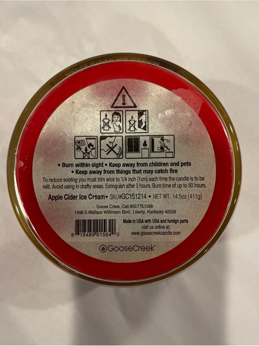 Goose Creek Apple Cider Ice Cream Scented Candle Red Jar with Silver Lid 14.5oz
